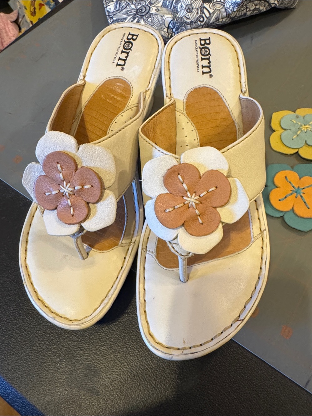 Born White Leather Floral Toe-Post Sandals with Tan Footbed